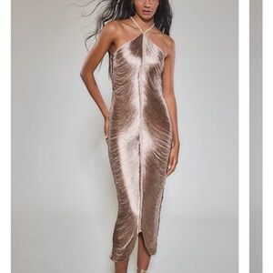 Rare London Gold Fringe Detail Halter Maxi Dress